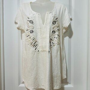 Anthropologie Meadow Rue White Cotton Shortsleeve Top with Studs, Size L (NWOT)